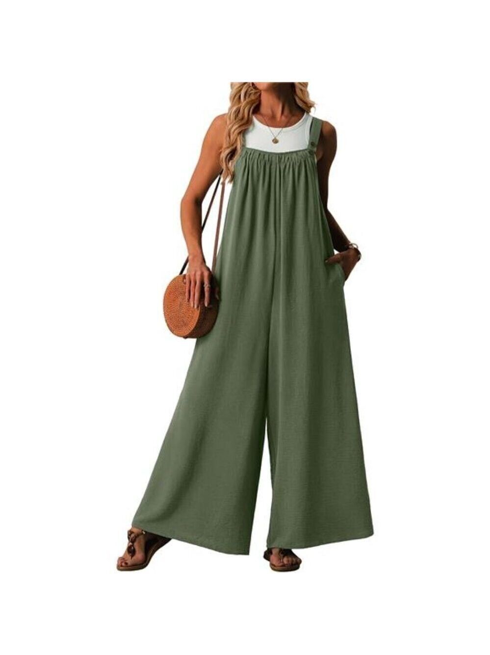 Women's Green Casual Jumpsuits Boho Wide Leg Rompers Sleeveless Flowy wide-leg